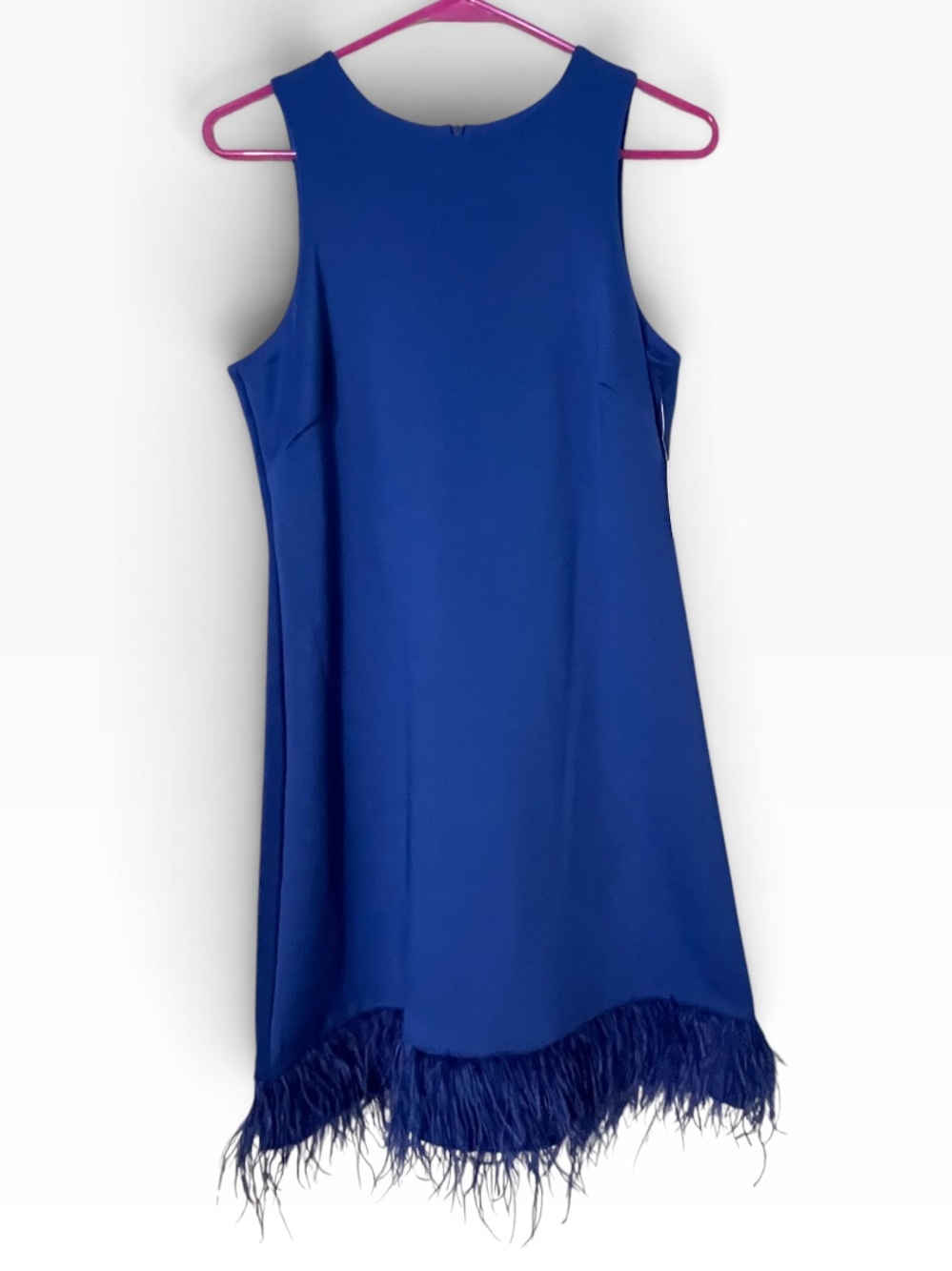 NWT- Taylor blue sleeveless shift dress with feather hem. Size 8 - Picture 3 of 8
